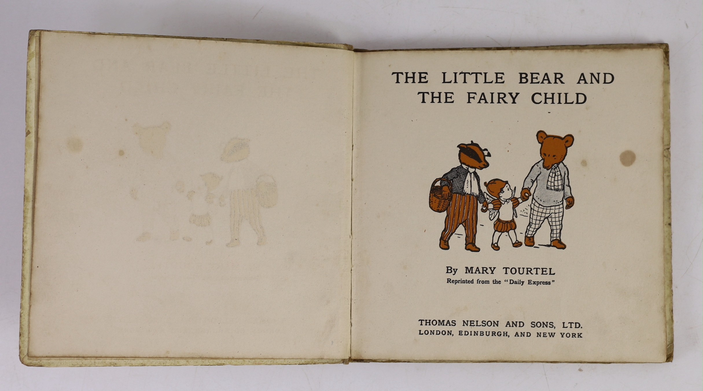 Tourtel, Mary - Little Bear and the Fairy Child, 1st edition, 12mo, pictorial boards, spine repaired in cloth, 1912, together with a contemporary postcard.